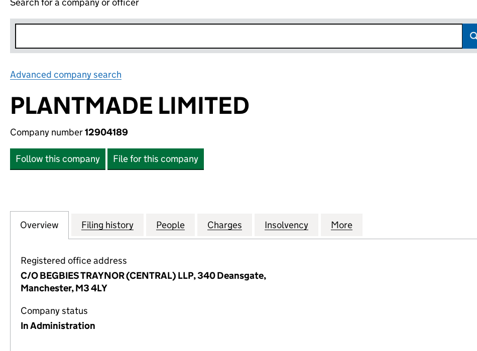 Companies House filing for Plantmade Limited showing company status as In Administration, registered at insolvency firm Begbies Traynor