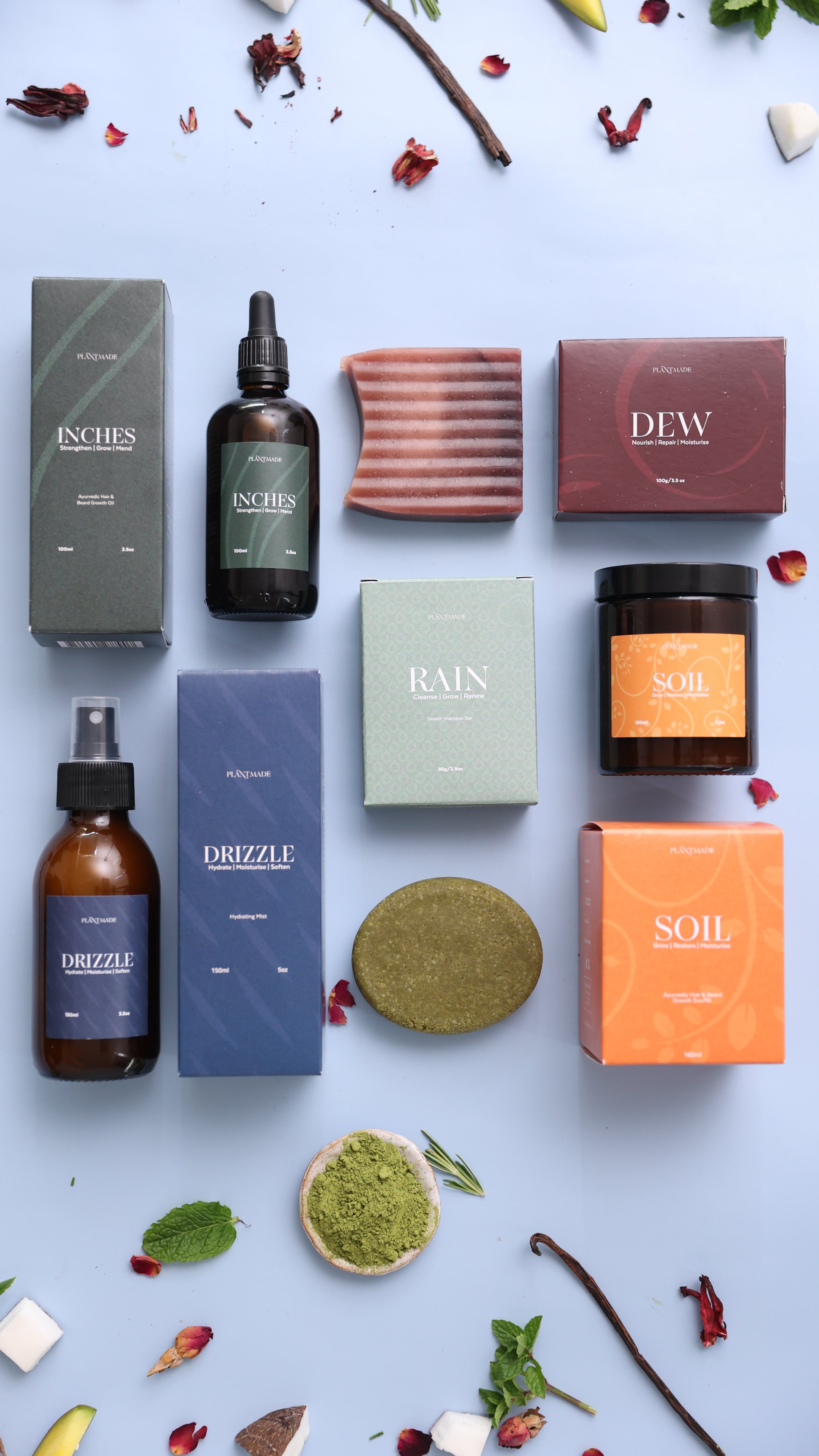 Plantmade product range including INCHES, DEW, RAIN, SOIL and DRIZZLE